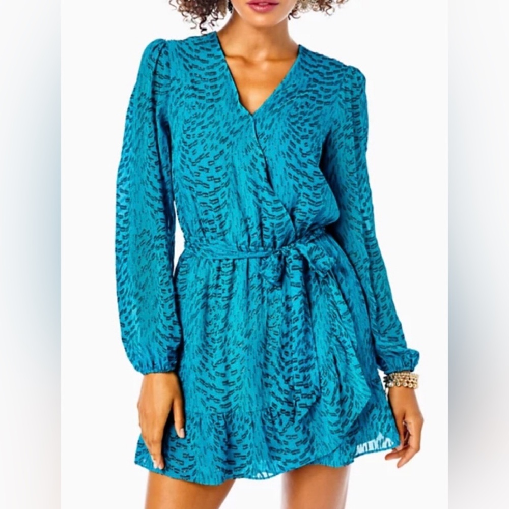 LILLY PULITZER ALFIE Silk Long Sleeve Belted Romper Dress in Teal Bay XS